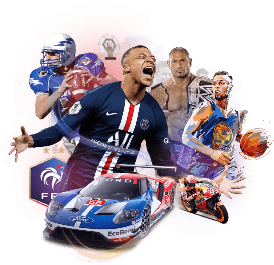 Dynamische Collage von Sportarten inklusive Fussball, Basketball und Motorsport